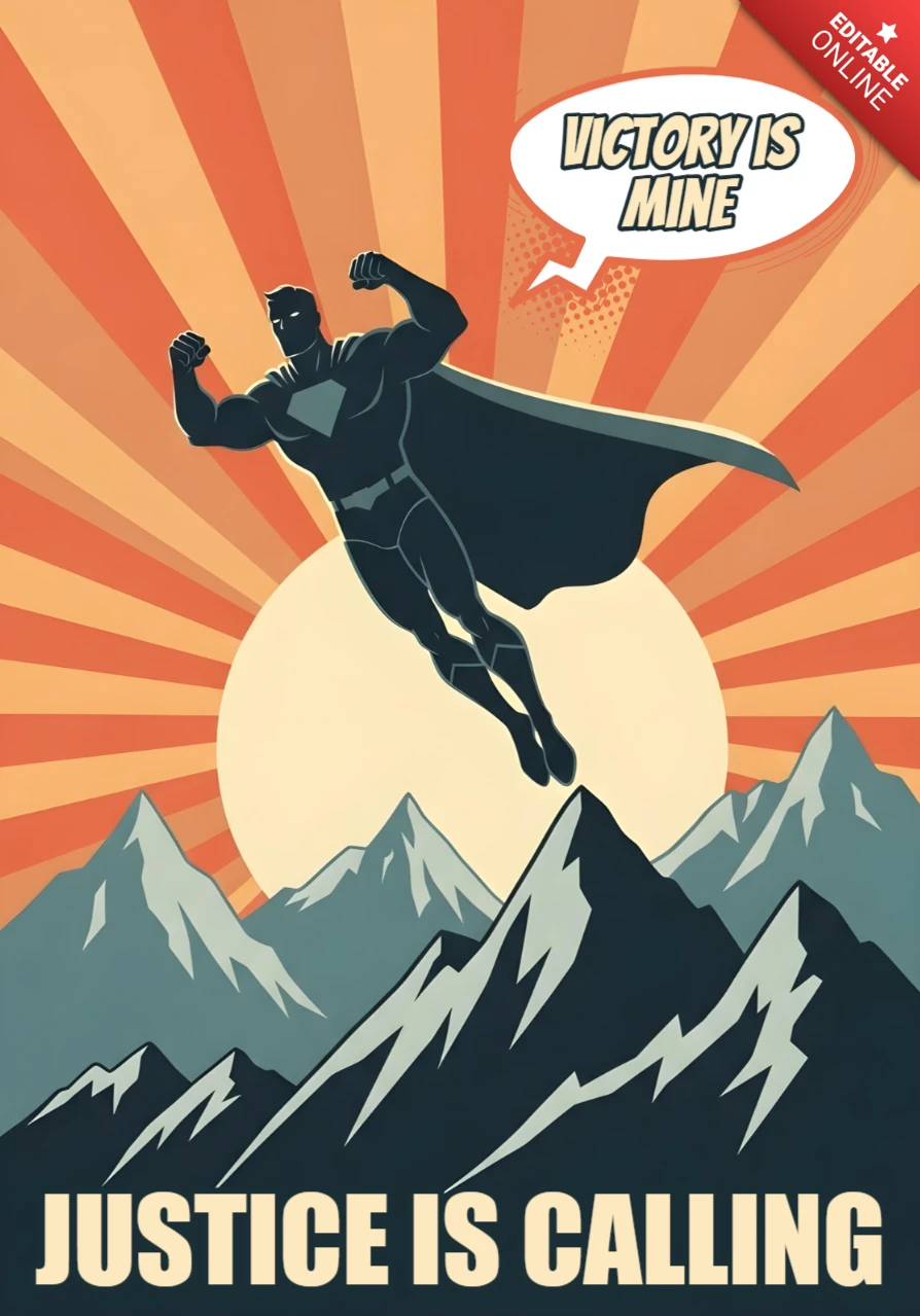 Overwinning is van mij, gerechtigheid roept, vliegende superheld boven de berg met stralende zon, posterontwerp sjabloon.