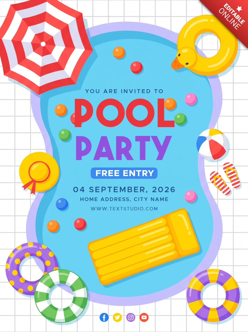 Colorful summer pool party invitation flyer with floating rings and beach umbrella