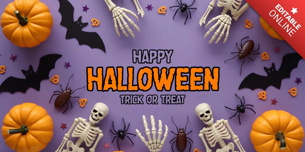 Halloween Skeleton Pumpkins, Bats & Creepy Crawlers on Purple Background YouTube Cover Design Template