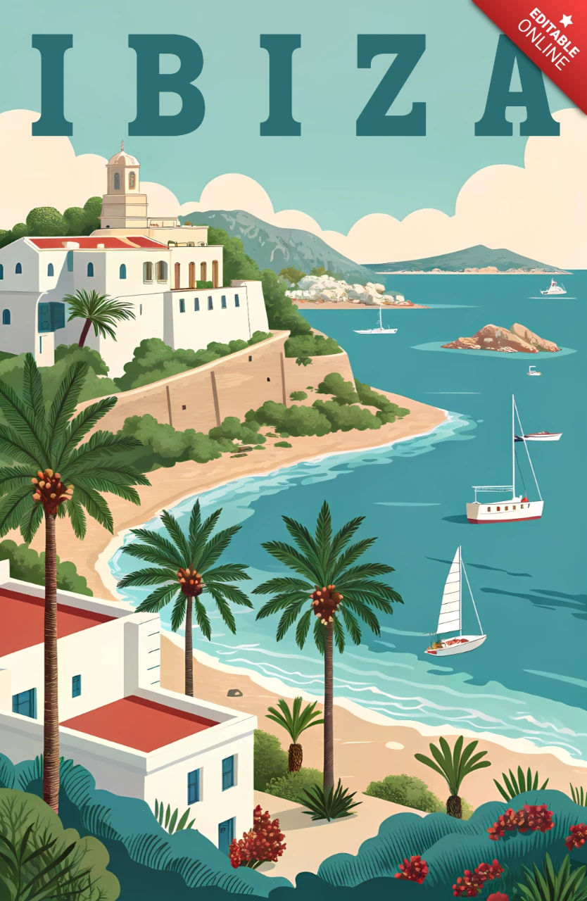 Retro Flat Ibiza Landscape Design Template for Travel Posters