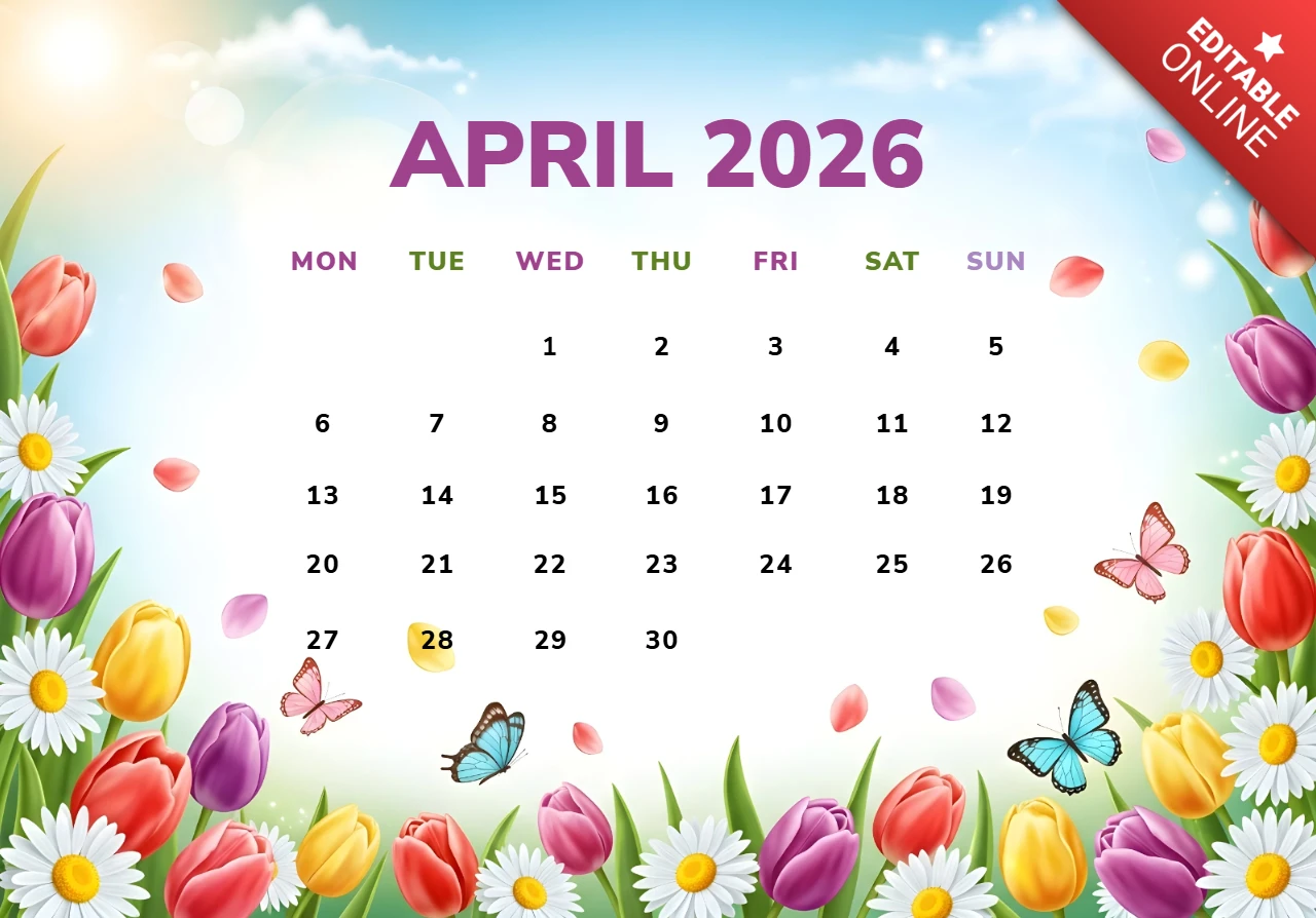 April 2026 Calendar Poster — Bright Blue Sky with Tulips, Daisies, and Cheerful Decorative Design