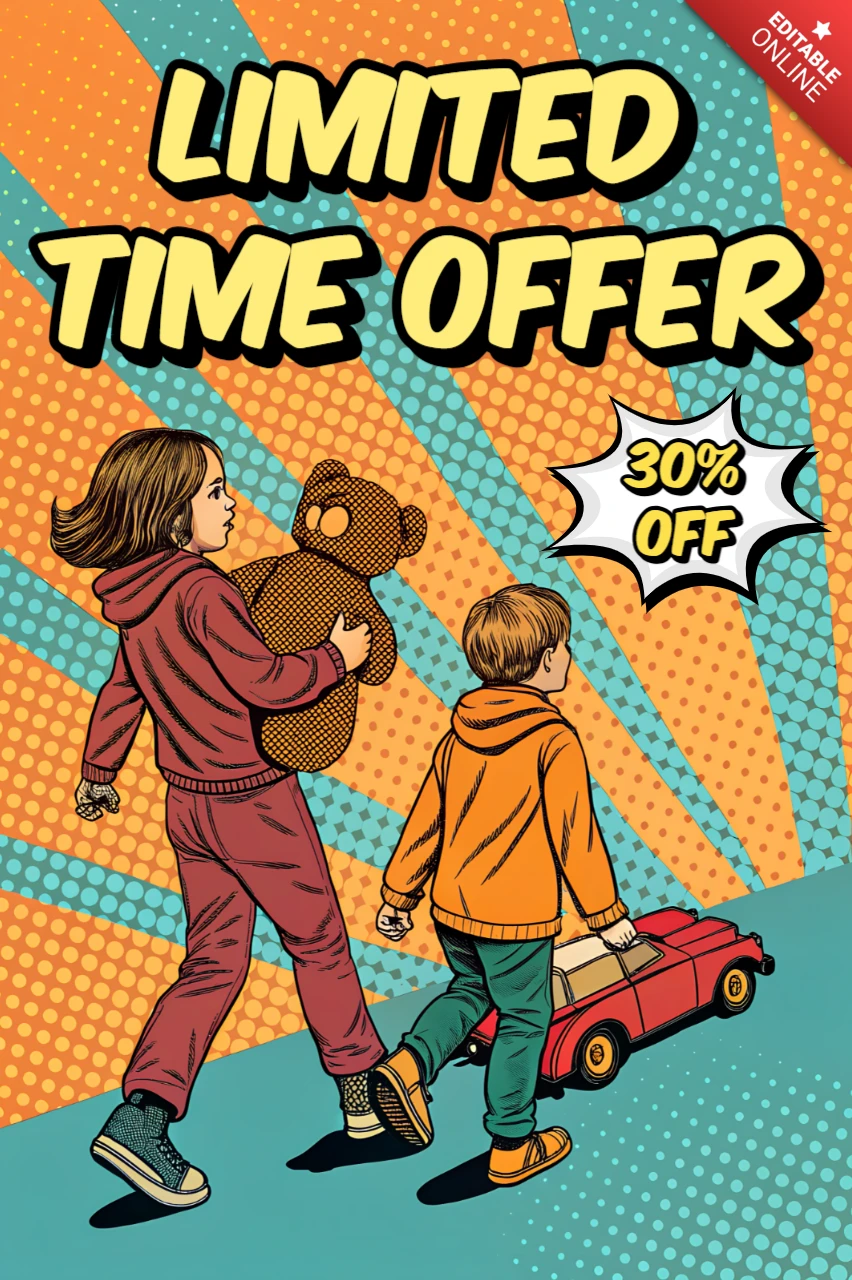 Retro-Pop-Art-Designvorlage für Kinderverkaufsplakate mit zeitlich begrenztem Angebot