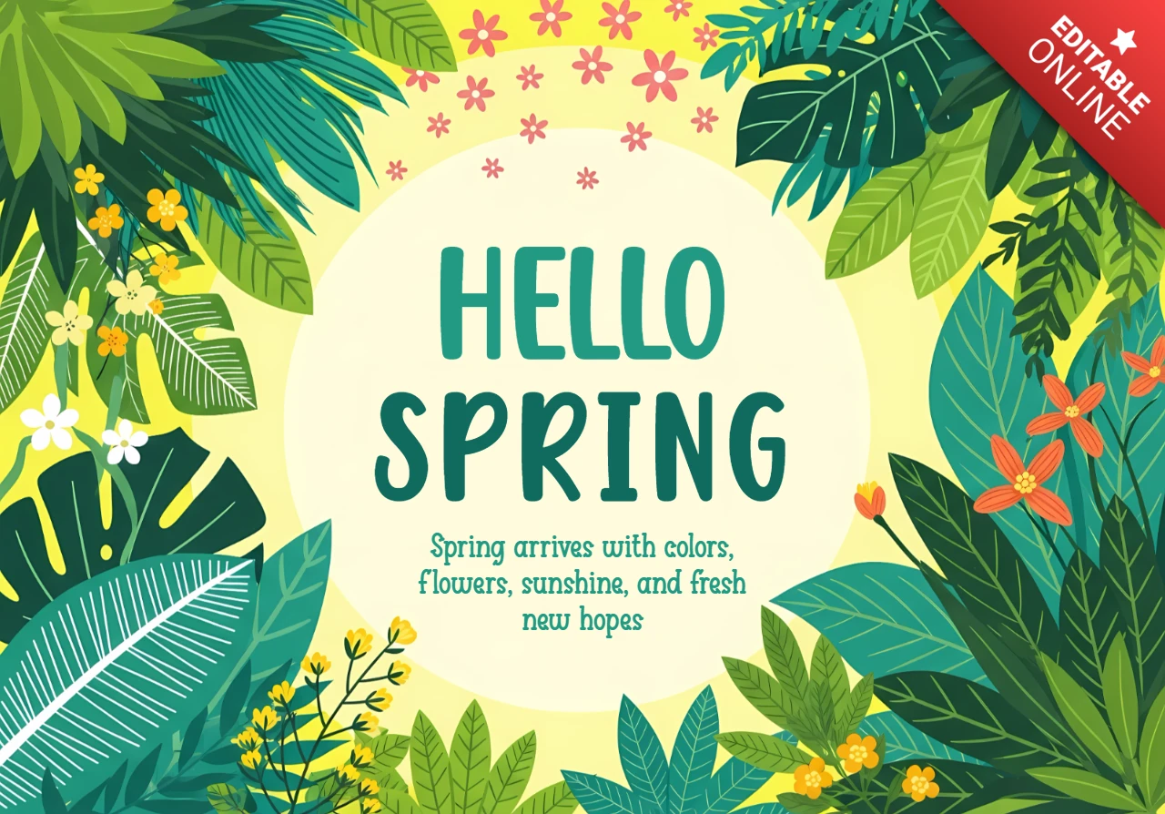 Plantilla de diseño floral de primavera para tarjetas de felicitación con hojas y flores vibrantes.