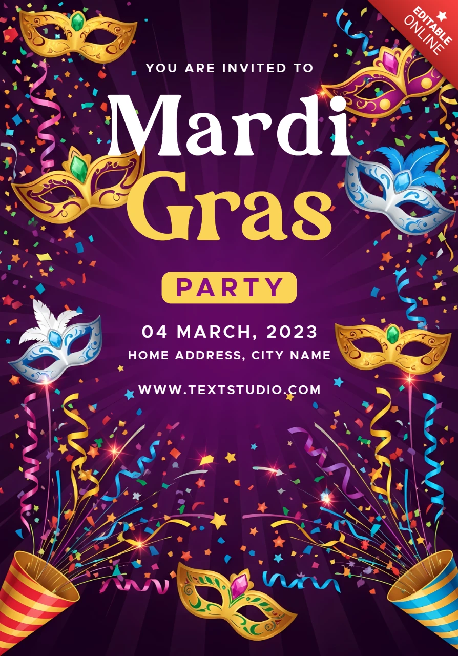 Einladungsvorlage für eine Mardi Gras Party mit bunten Masken und festlichem Design