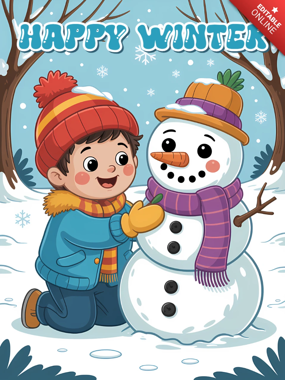 Winterwunderland-Designvorlage für Kindergrußkarten mit Schneemann und Kind