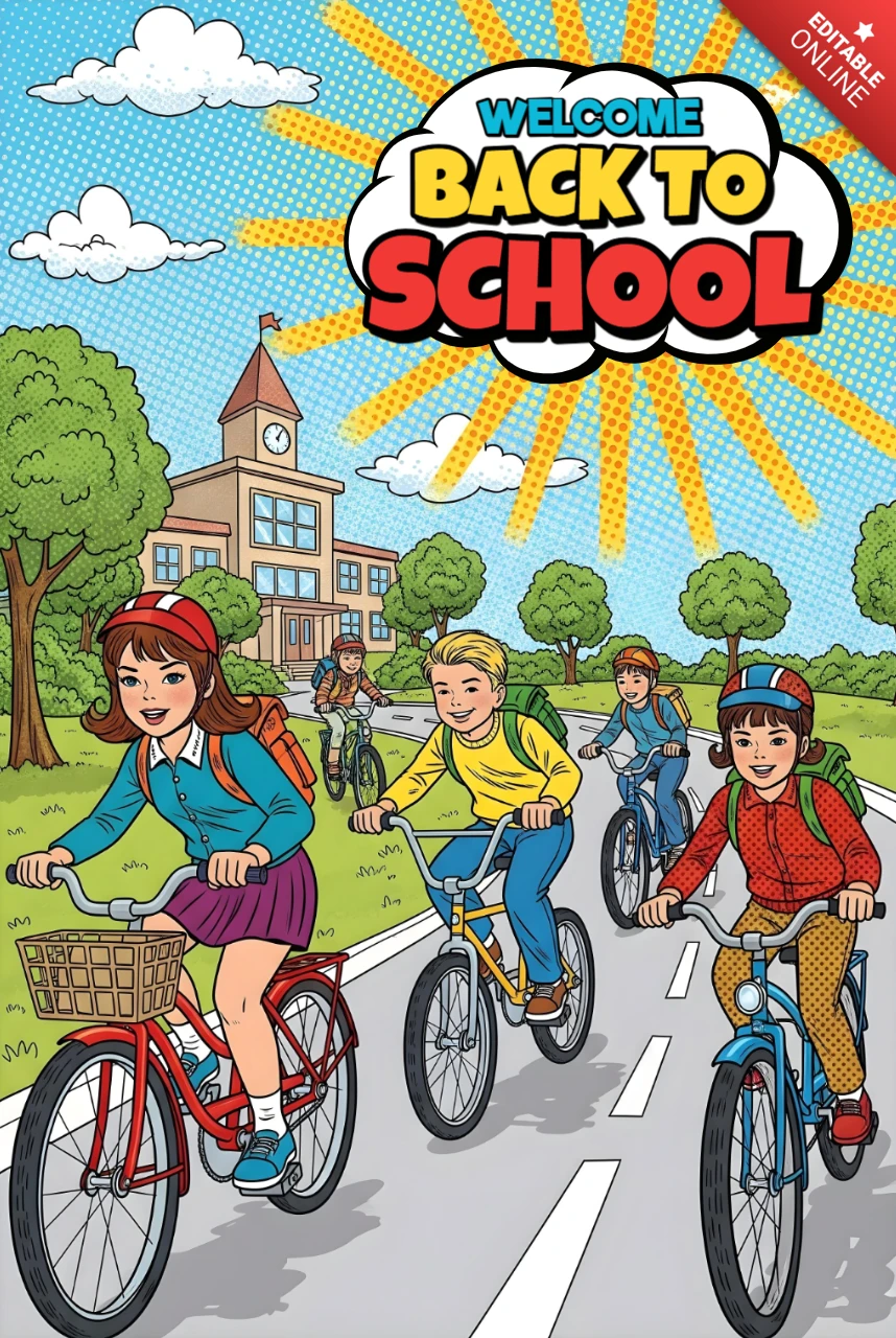 学校へ向かう自転車に乗った子供たちのためのポスターデザインテンプレート、日差しの背景での復学を歓迎します。