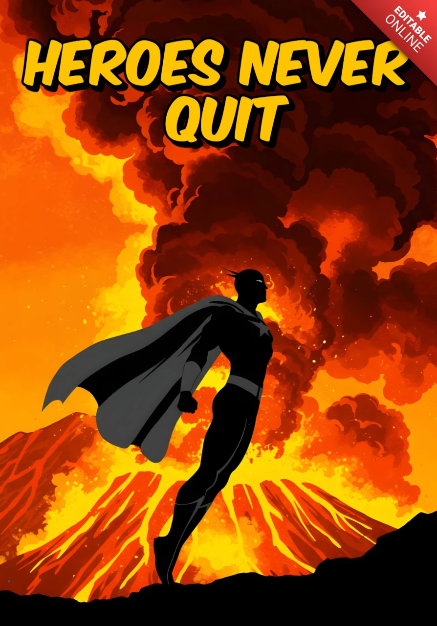 Helden geven nooit op, silhouet van een superheld te midden van een vulkanische uitbarsting, posterontwerp sjabloon