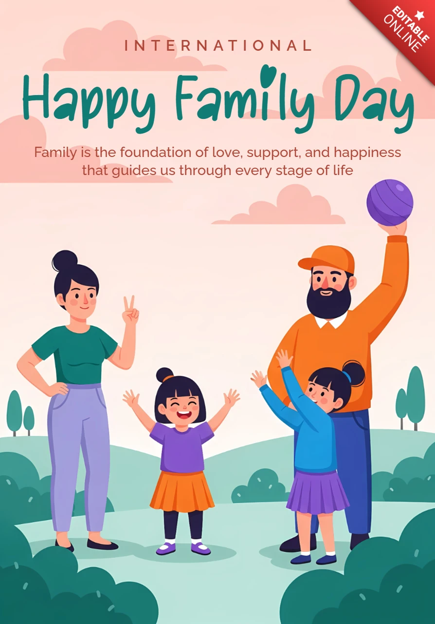 Template de design para celebração do dia da família em cartões de saudação com ilustrações divertidas