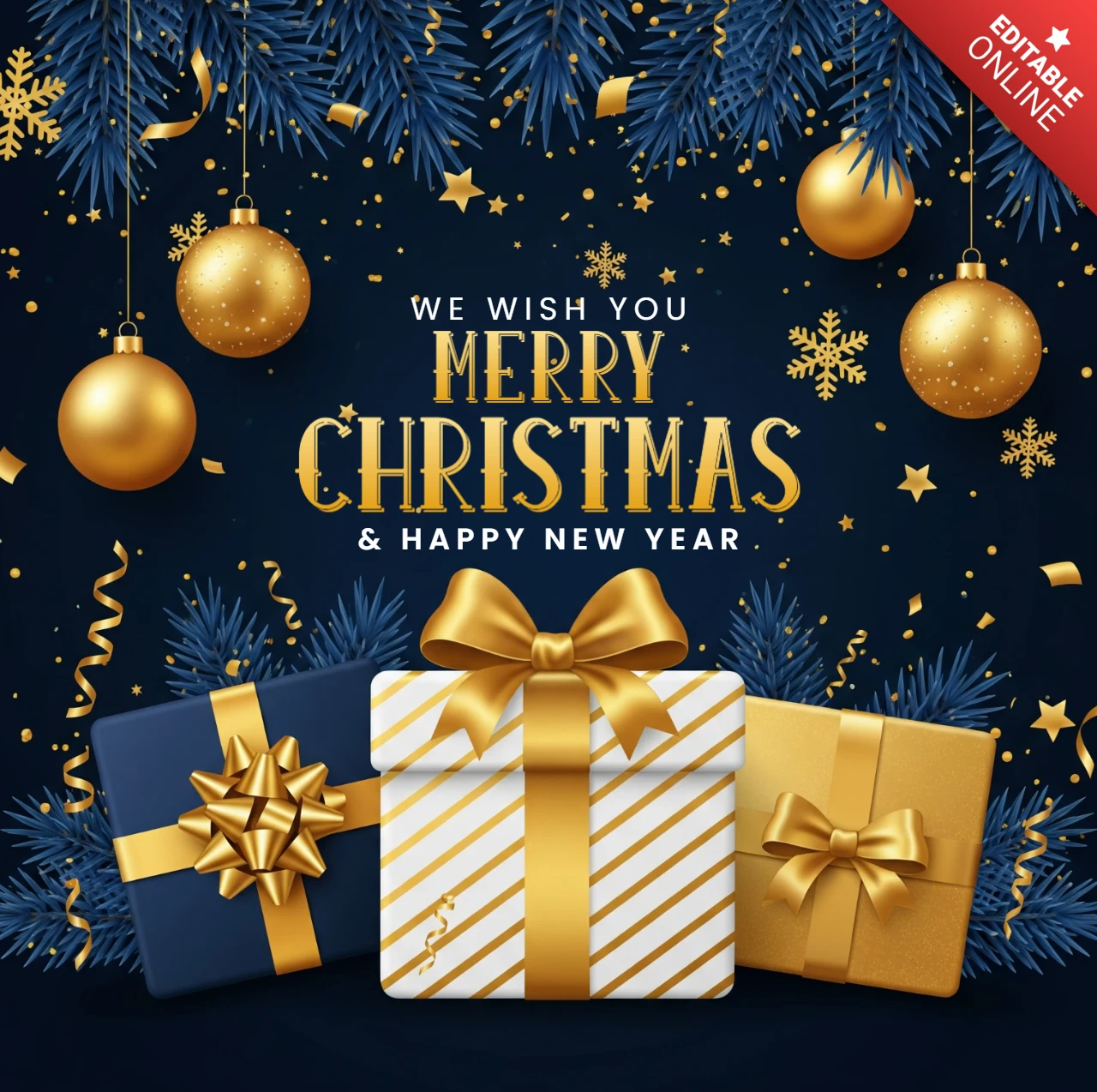 Cartão de Natal festivo com presentes embrulhados, fitas douradas e elegantes decorações sazonais.