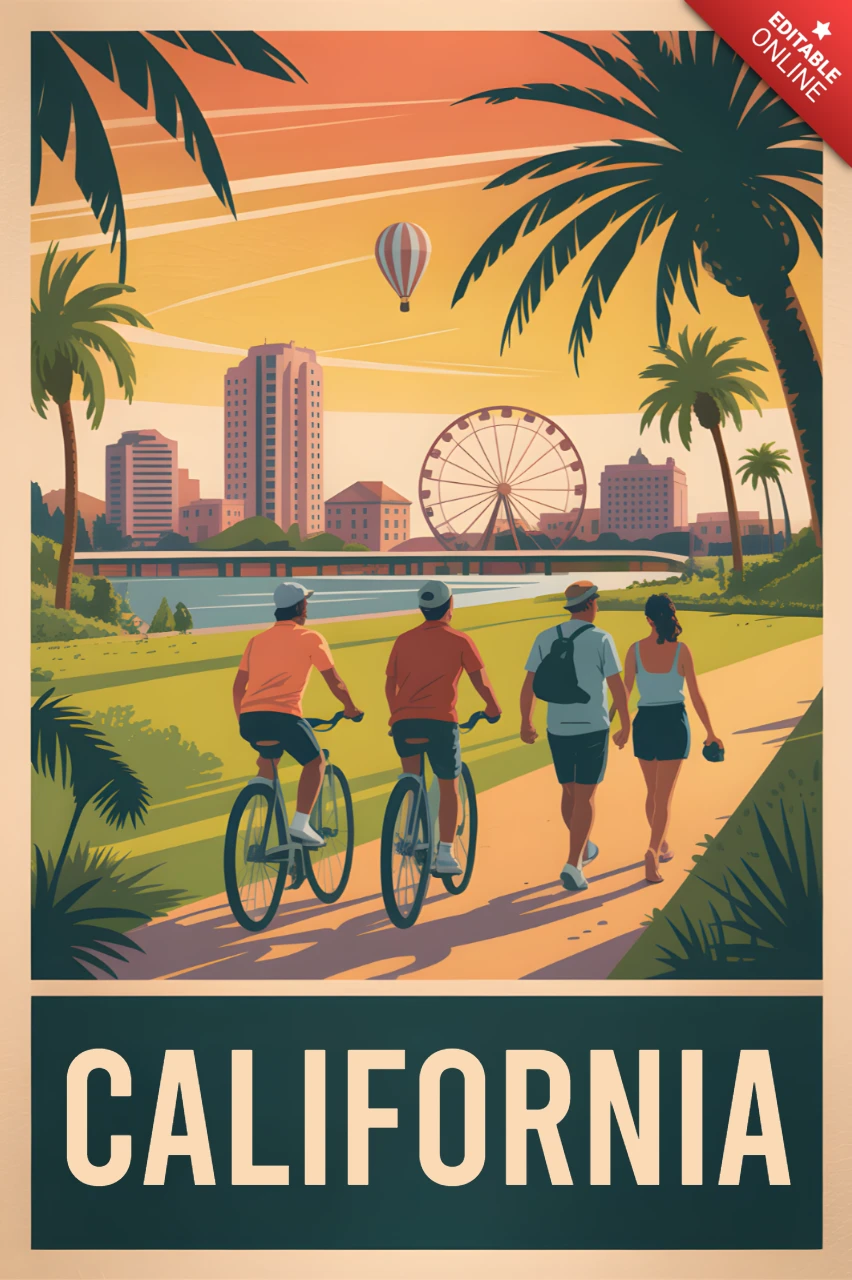 Kalifornisches Vintage-Reiseplakat-Design mit malerischer Landschaft und Outdoor-Aktivitäten
