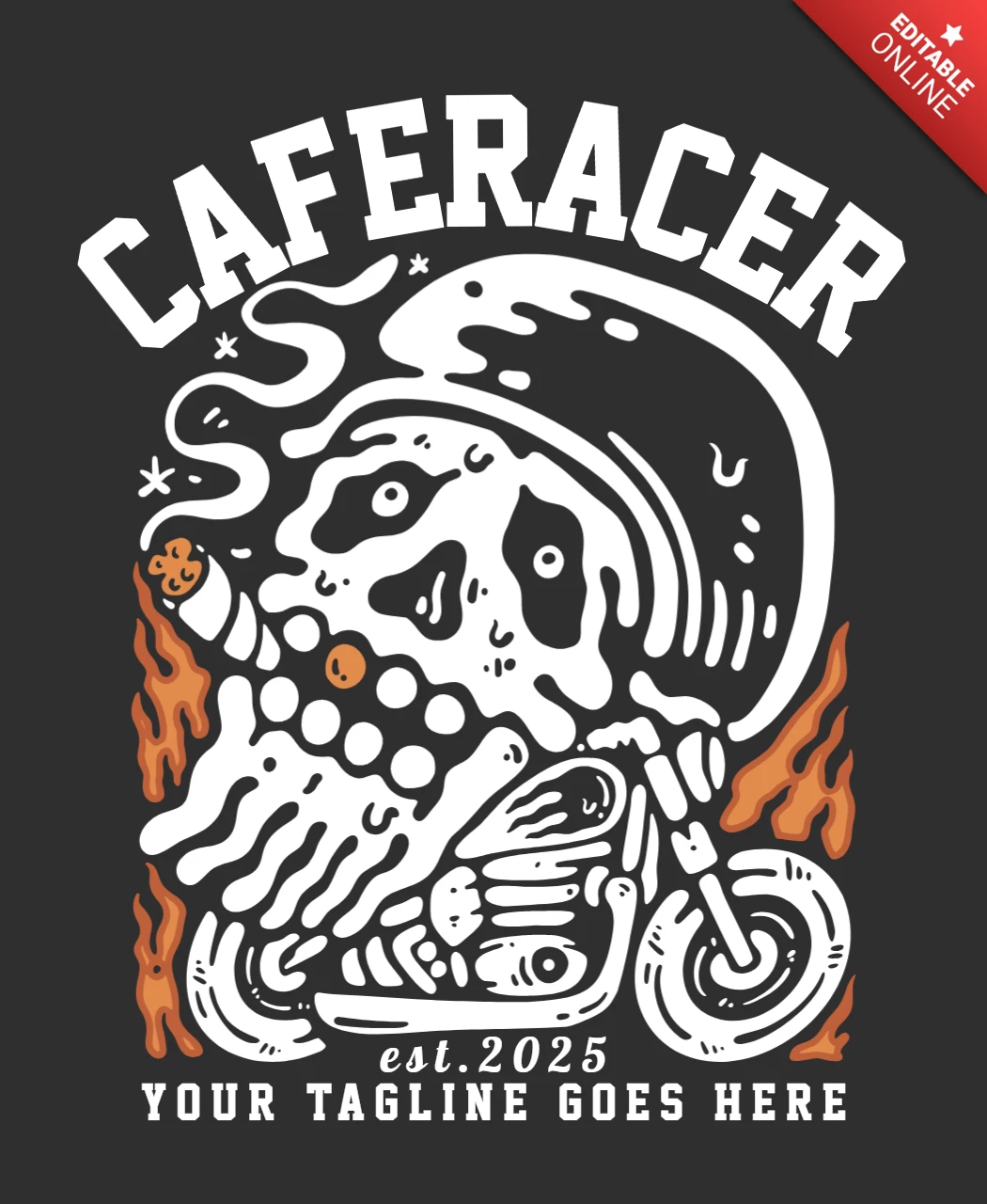 Cafe racer com caveira fumando no modelo de design de camiseta de moto
