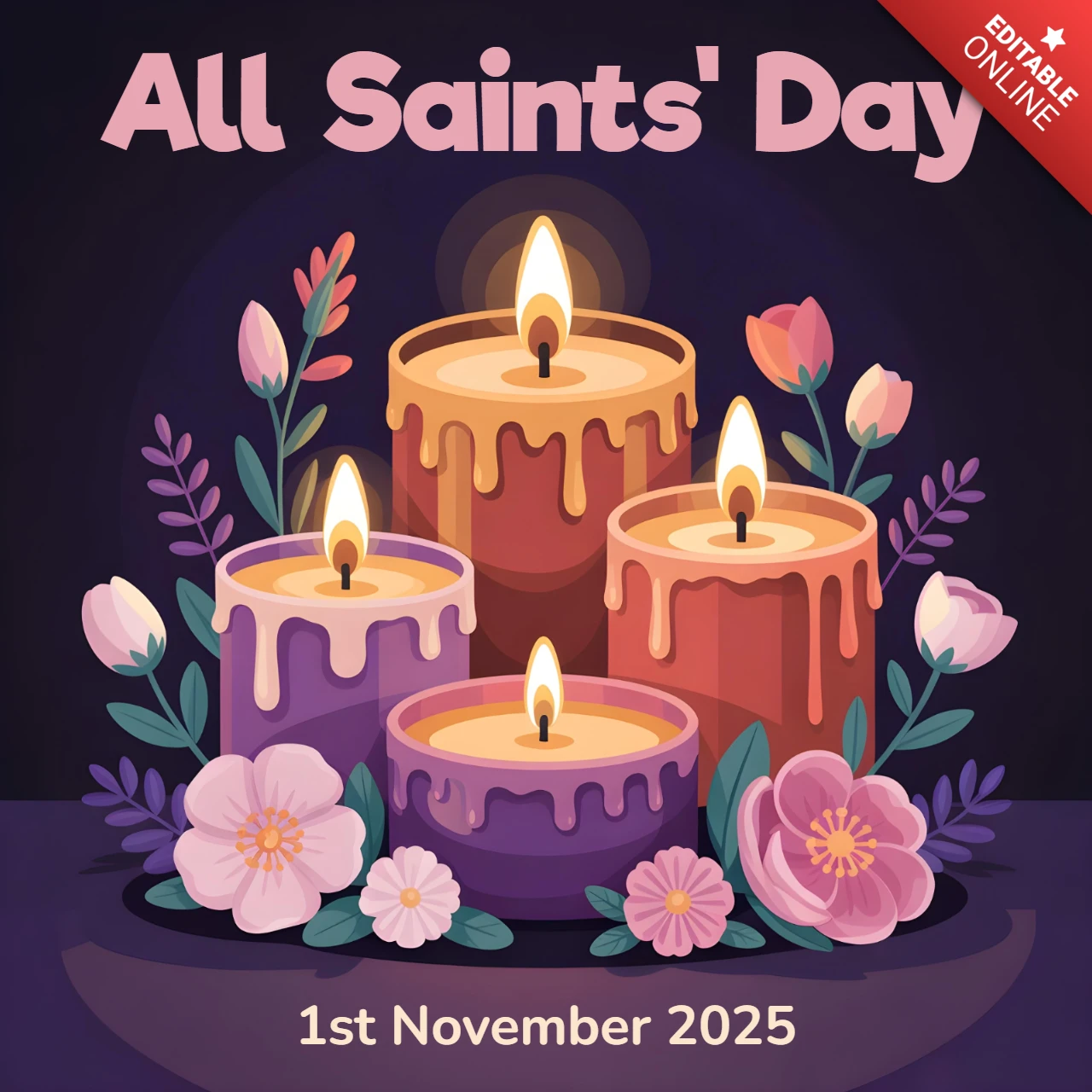 Flames of Grace All Saints’ Day Candle Cluster with Blossoms & Leaves Greeting Card Design Template