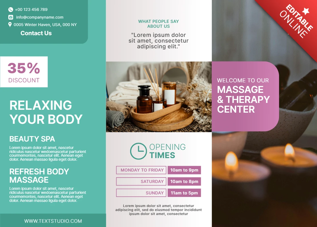 Elegante spa massage therapiecentrum brochure ontwerpsjabloon