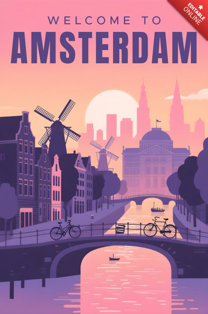 Szablon projektu krajobrazu Amsterdamu do plakatów podróżniczych