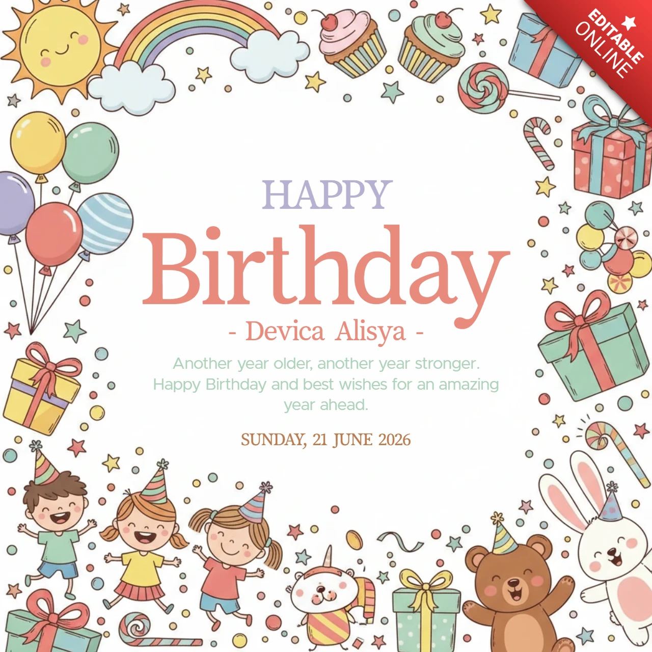 誕生日おめでとうのポスター 子供の誕生日パーティー バルーン、虹、カップケーキ、心のこもった誕生日の願い