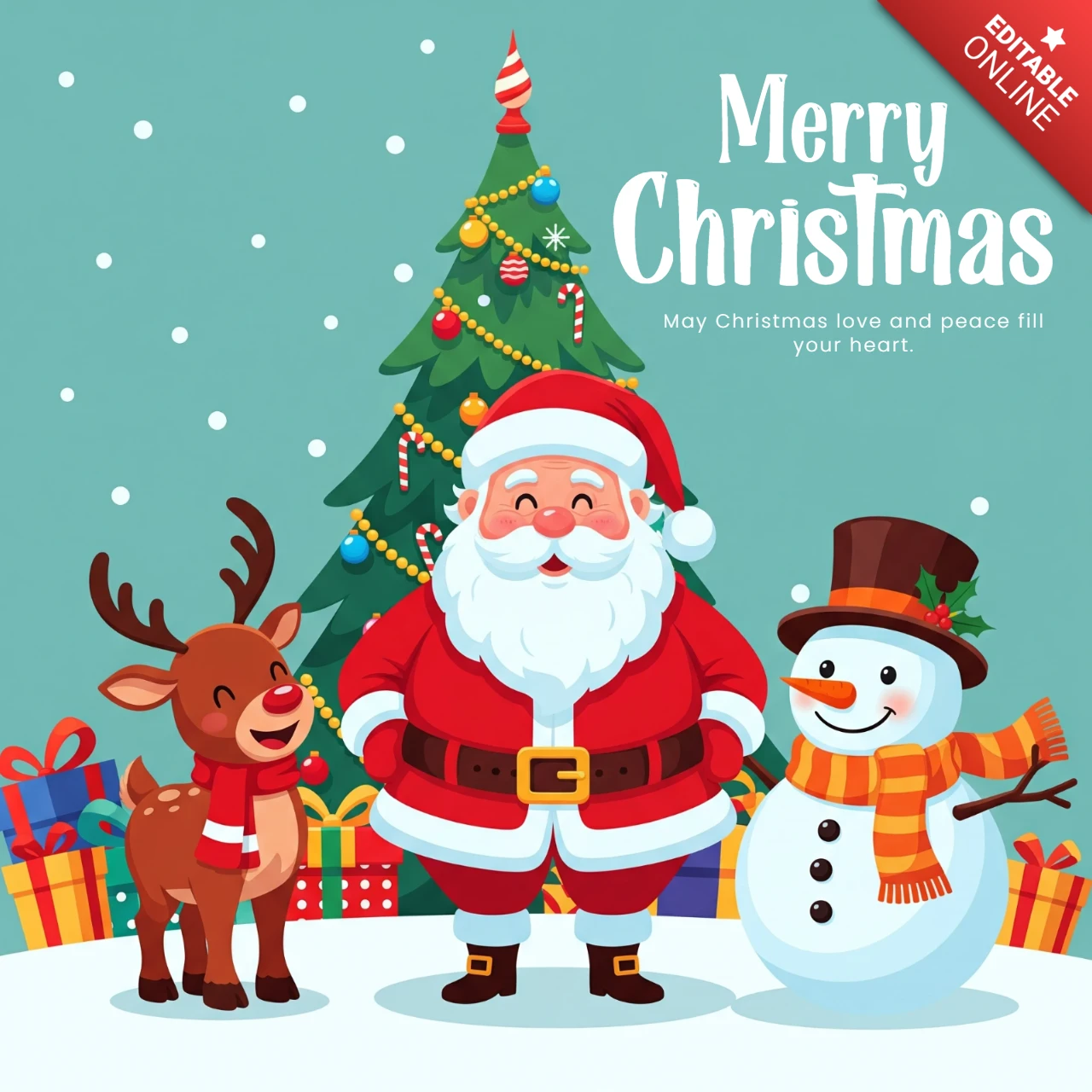Papai Noel com renas e boneco de neve em cena de neve com árvore e desejos pacíficos, cartão de saudação de Natal, modelo de pôster.