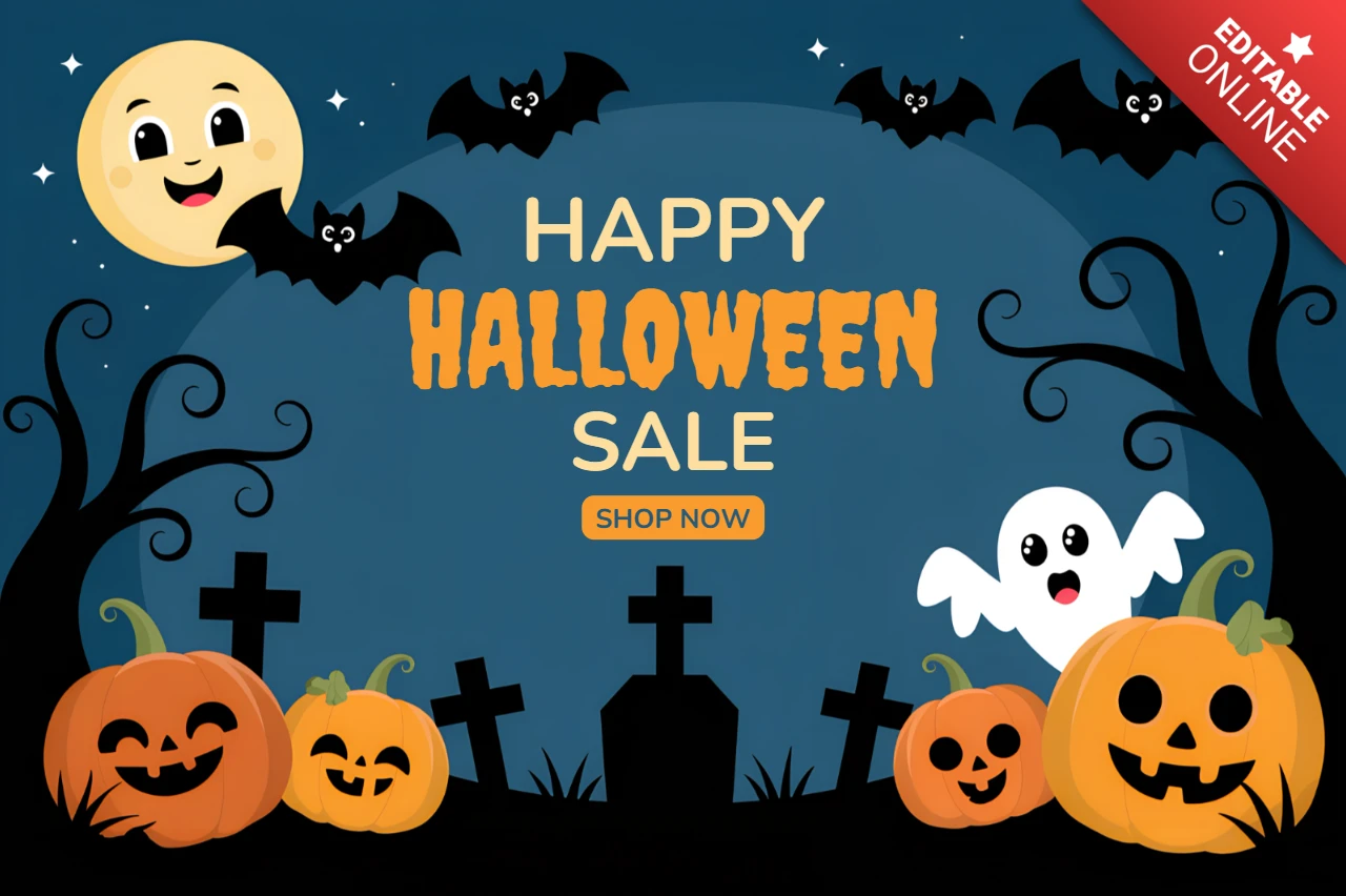 Halloween Themed Design Template for Spooky Sale Promotions Featuring Pumpkins and Ghosts