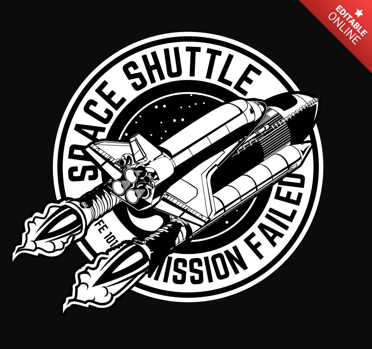 Plantilla de diseño de camiseta con cohete fallido en misión de transbordador espacial