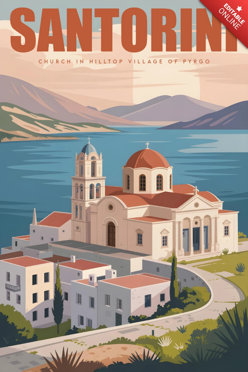 Iglesia en la cima de la colina en el pueblo de Pyrgo con cúpula roja y vista del atardecer, plantilla de diseño de carteles de viaje a Santorini.