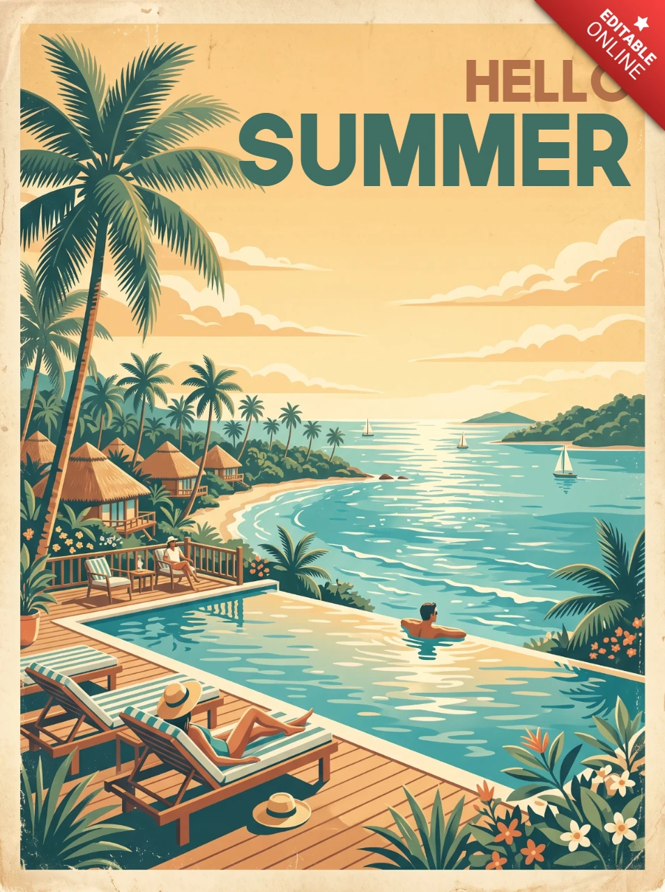Vintage Summer Holiday Poster with Palm Trees, Infinity Pool, Thatched Huts, Sailboats and Warm Yellow Orange Sunset Sky