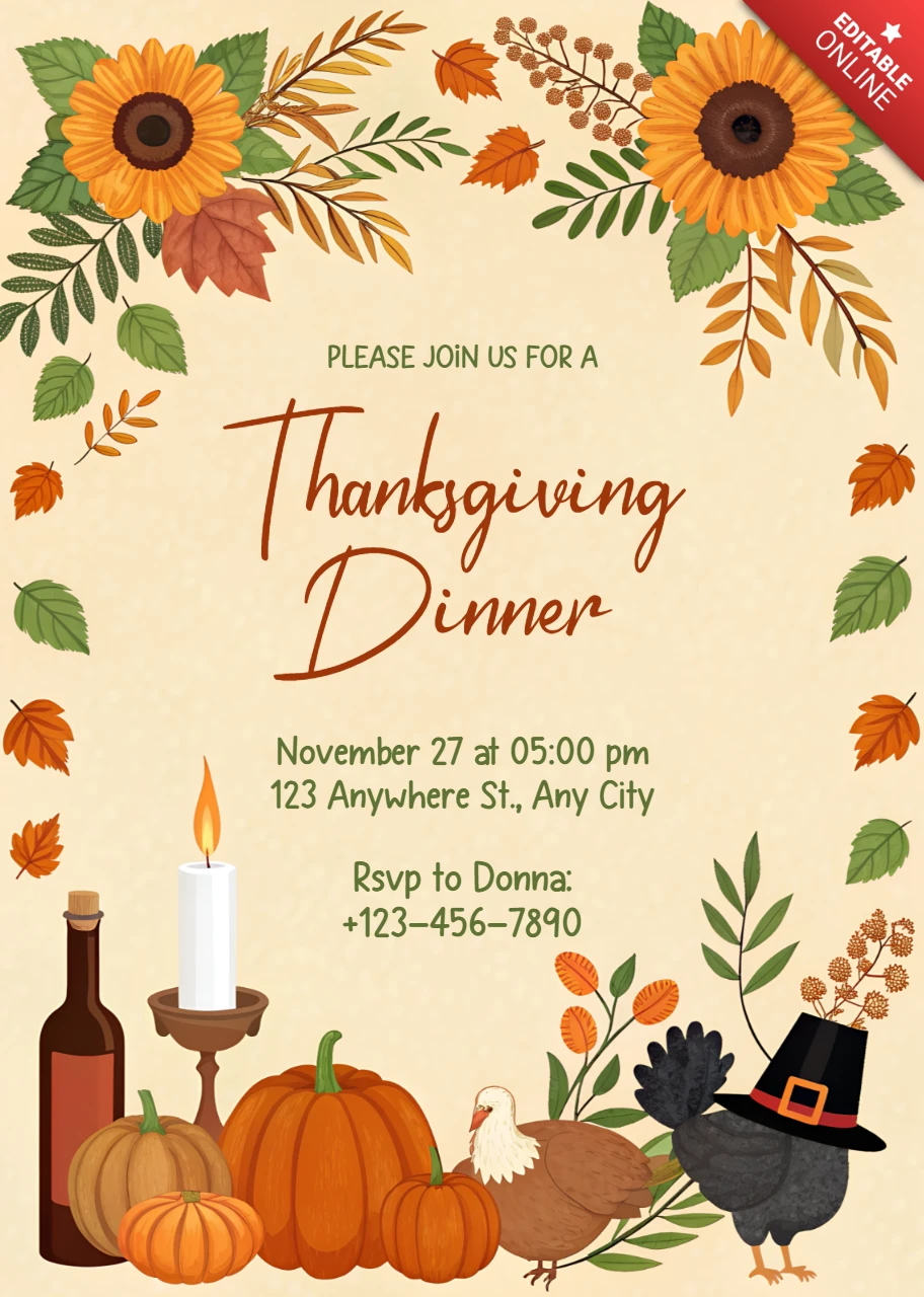 Thanksgiving Dinner Invitation Template with Sunflowers and Pumpkins Design