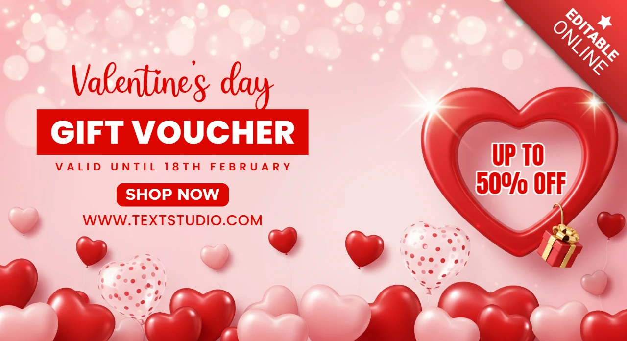 Modèle de bon de cadeau pour la Saint-Valentin avec un cœur rouge et un fond scintillant pour des promotions romantiques.