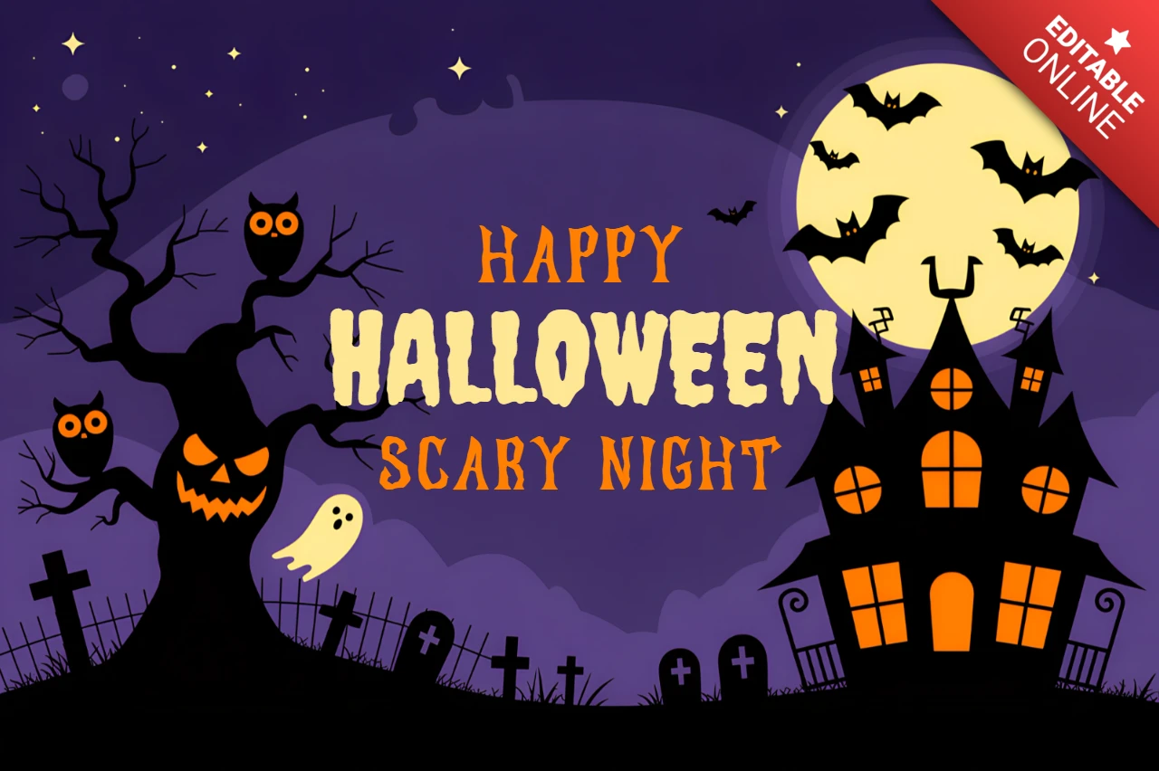 Зловещий шаблон дизайна Хэллоуина для приглашений на вечеринку с haunted house и летучими мышами