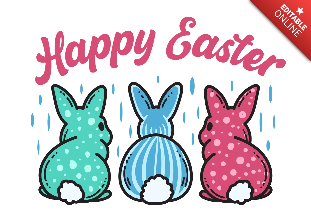 Felice Pasqua con vista posteriore di un trio di coniglietti verdi, blu e rosa - template per design di t-shirt.