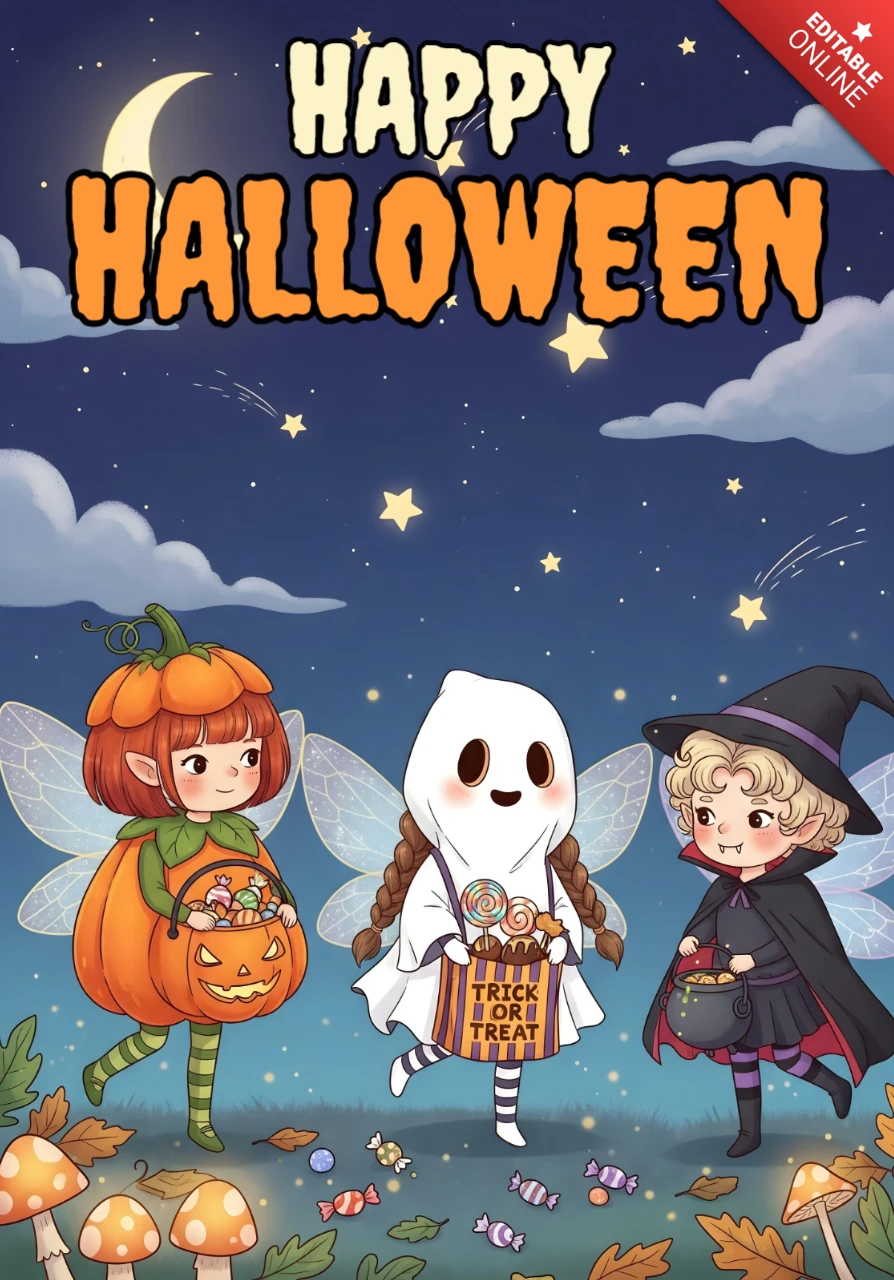 Bambini dei cartoni animati in costumi da fata di zucca, fantasma e strega sotto un cielo notturno stellato, modello di design di Halloween per volantini festivi.