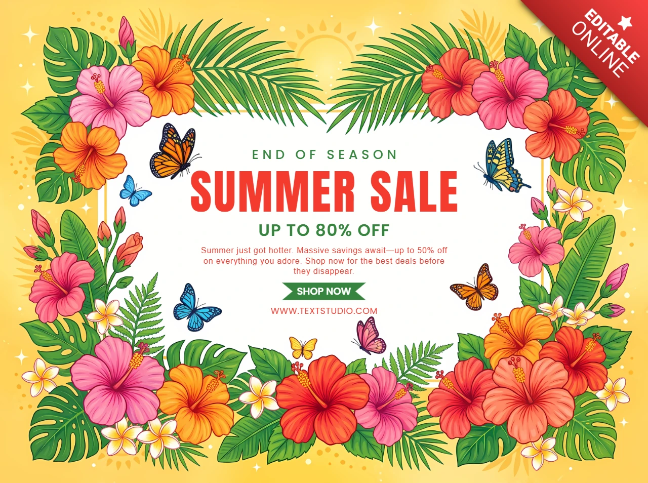 Banner de liquidação de verão de fim de temporada com flores tropicais e ilustrações de borboletas