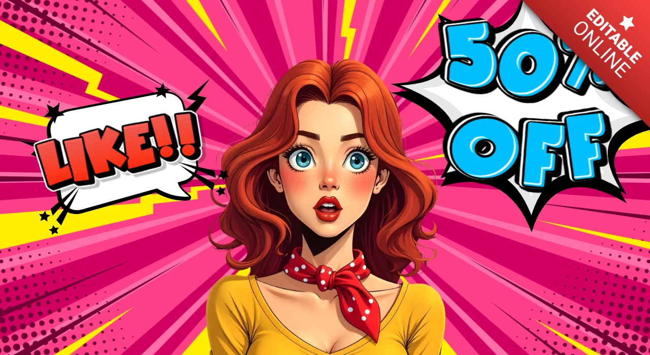 Modèle de bannière de vente pop art vibrante avec une femme de bande dessinée - promotion de réduction de 50%