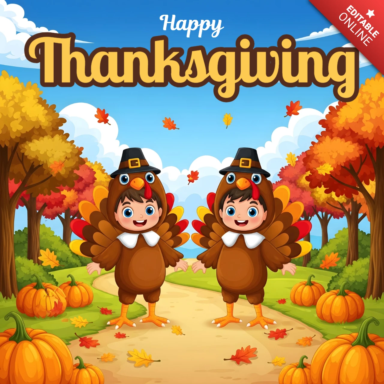 Carte de Thanksgiving chemin d'automne célébration avec des enfants en costumes de dinde et accents de citrouille modèle de conception de bannière