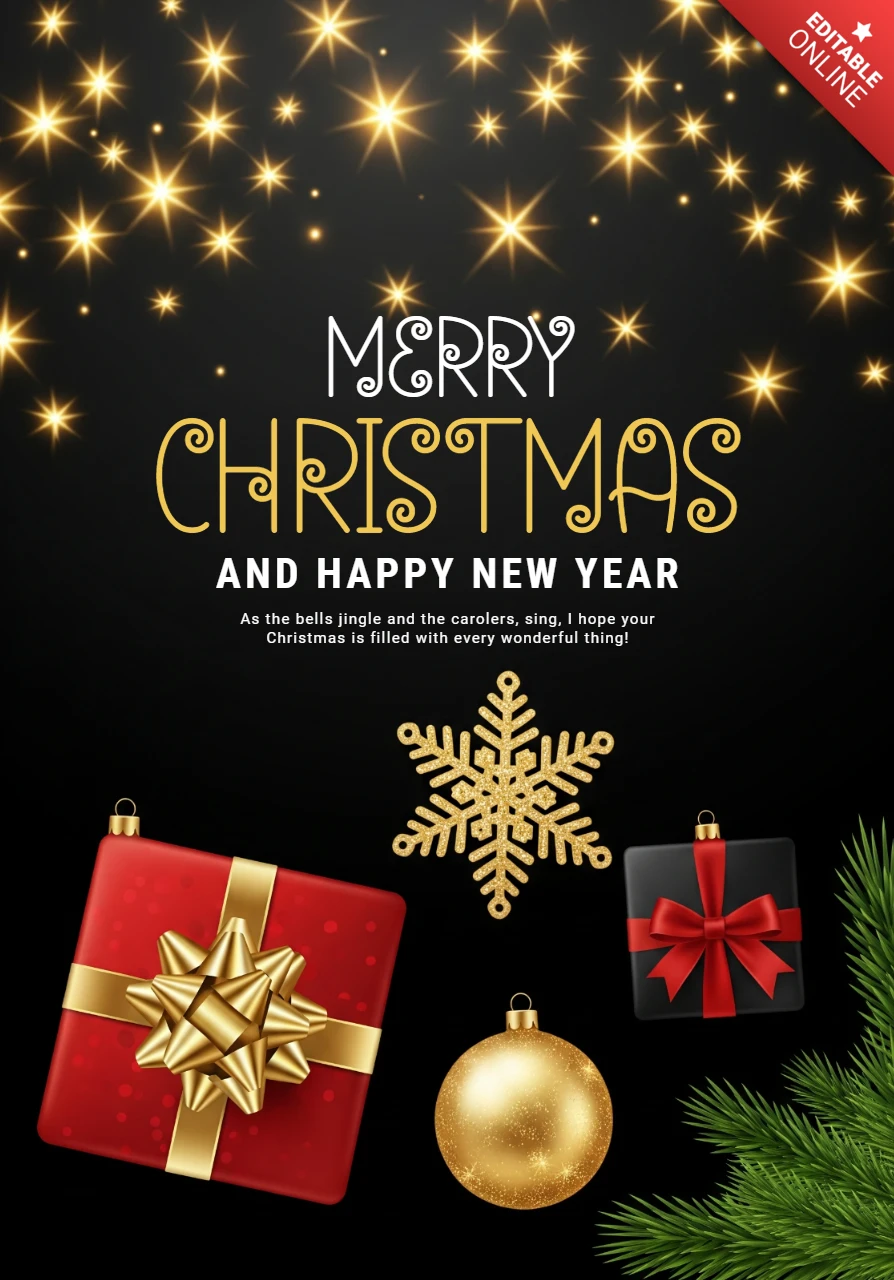 Merry Christmas & Happy New Year Card Black Background with Golden Snowflakes and Baubles