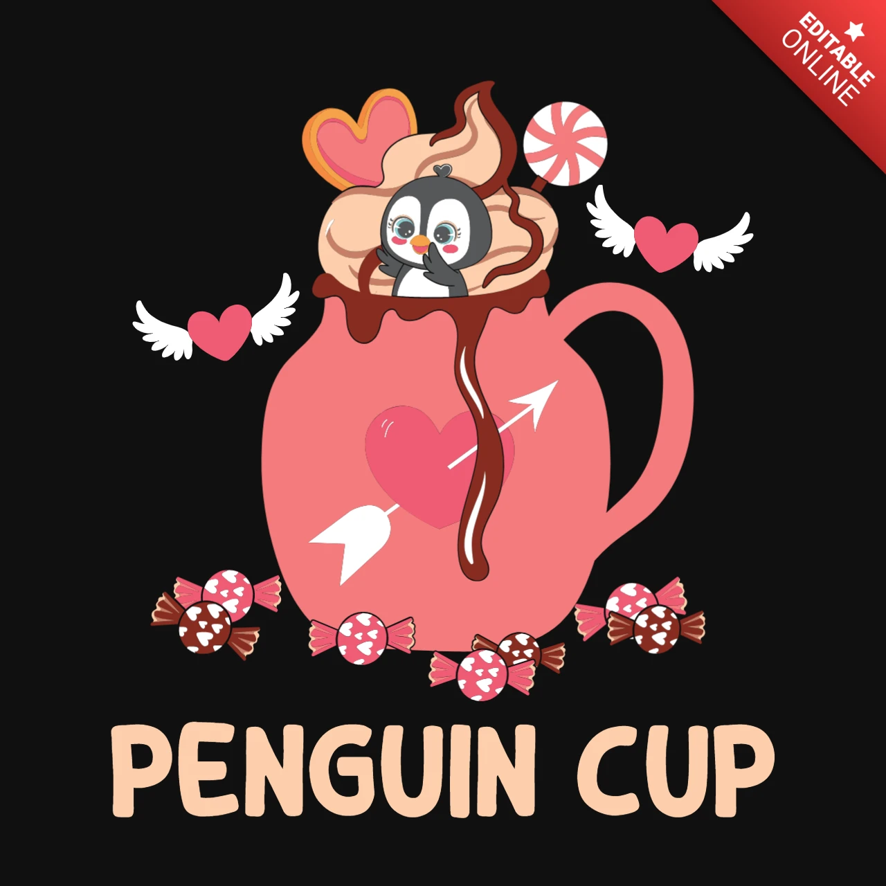Modèle de t-shirt de Saint-Valentin avec un pingouin dans un bocal à bonbons