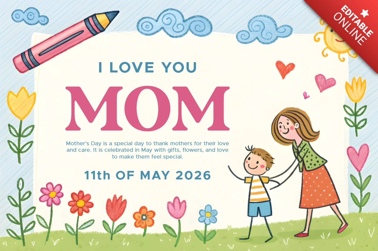 Colorful Mother's Day Card Design Template for Kids: 'I Love You Mom'