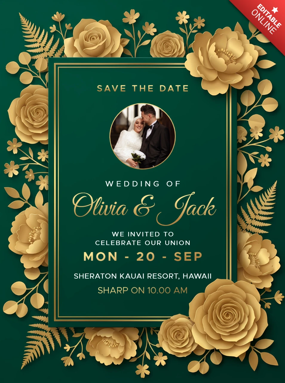 Plantilla de tarjeta de invitación de boda floral de lujo en oro con marco elegante de rosas y decoraciones botánicas