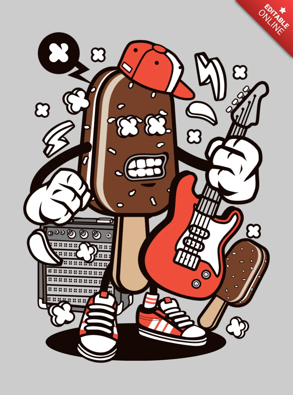 Ice Cream Rock Star Cartoon Character T-shirt Design Template