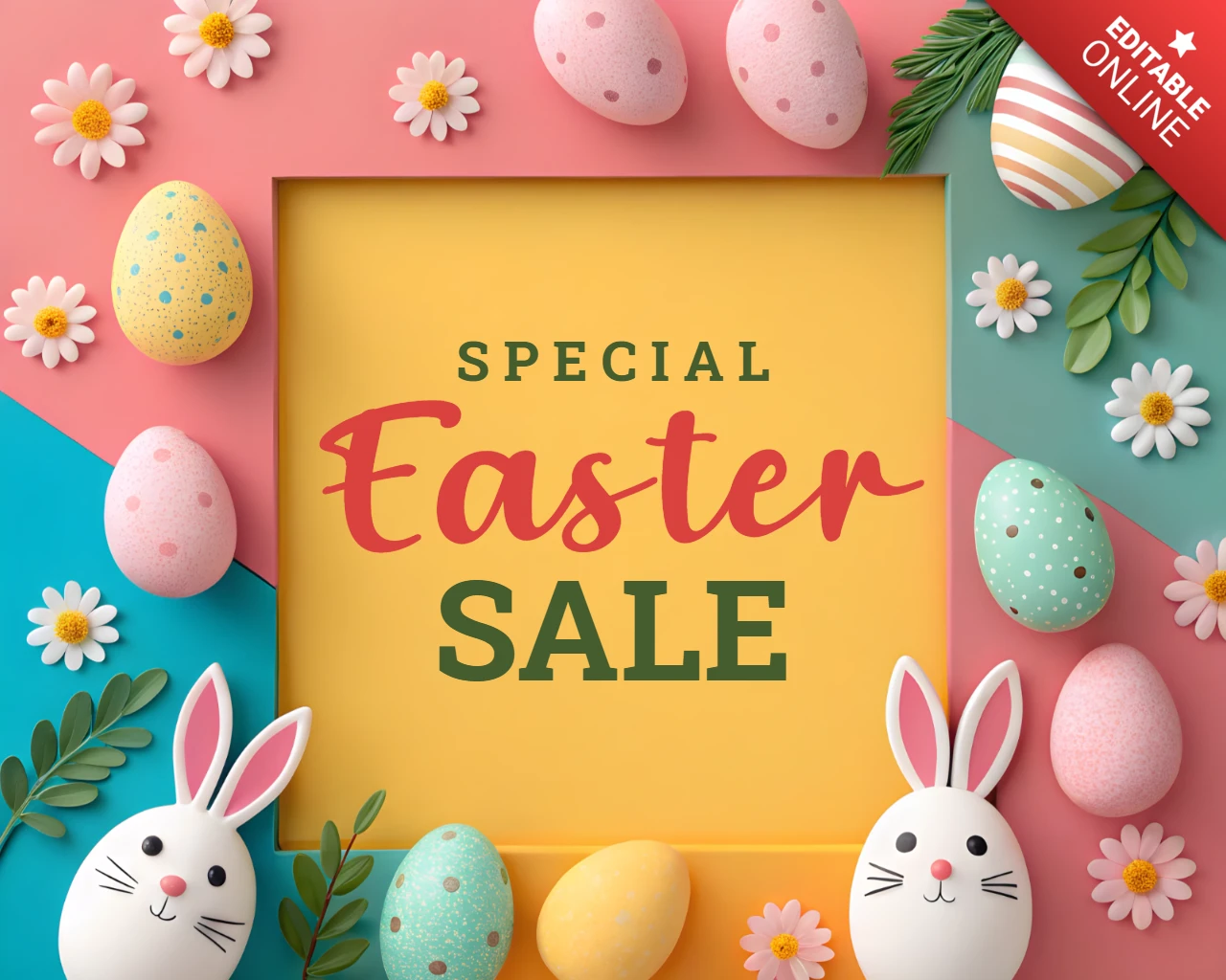 Colorful Easter Sale Design Template with Playful Bunny and Egg Graphics
