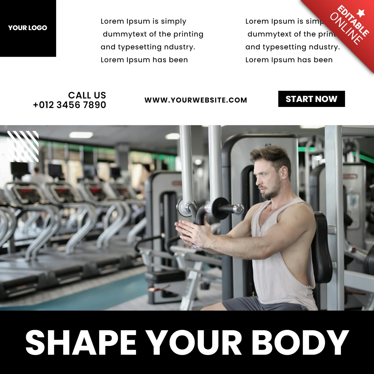 Modelo de design de postagem promocional do Instagram para academia Shape Your Body