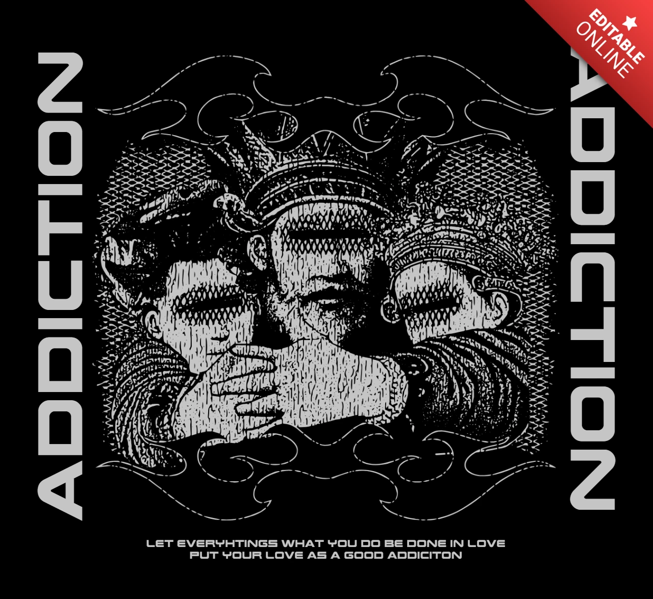 Vintage Artistic Template with Embrace Design for T-Shirt Featuring Love and Addiction Theme