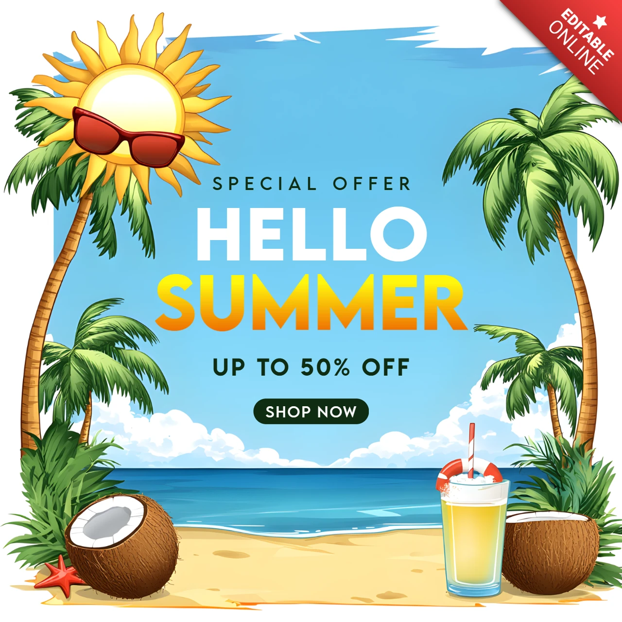 Summer Vibes Promotional Template Design with Tropical Graphics
