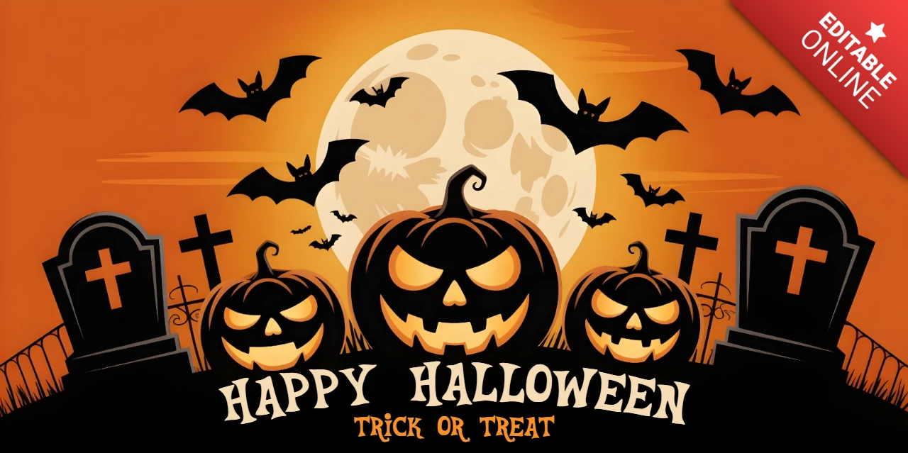 Noche de Halloween espeluznante, diseño de plantilla de portada de YouTube con cerca de hierro forjado, lápidas y saludo de truco o trato.