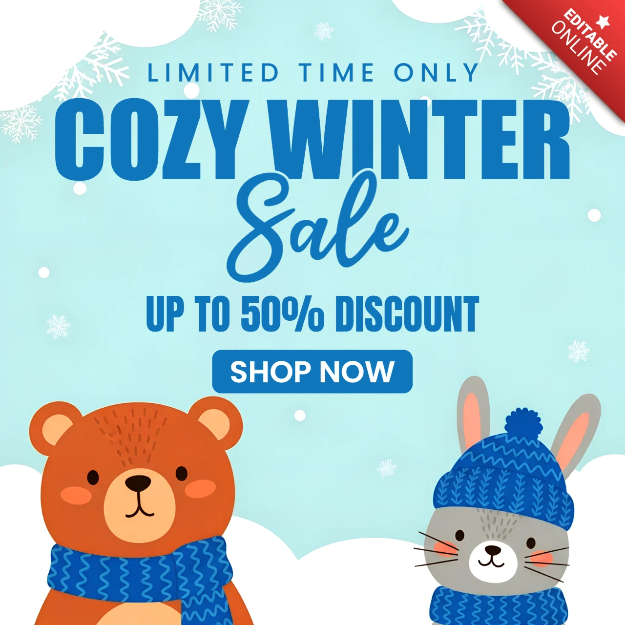 Design del template per la vendita invernale accogliente con illustrazioni di animali carini per volantini promozionali