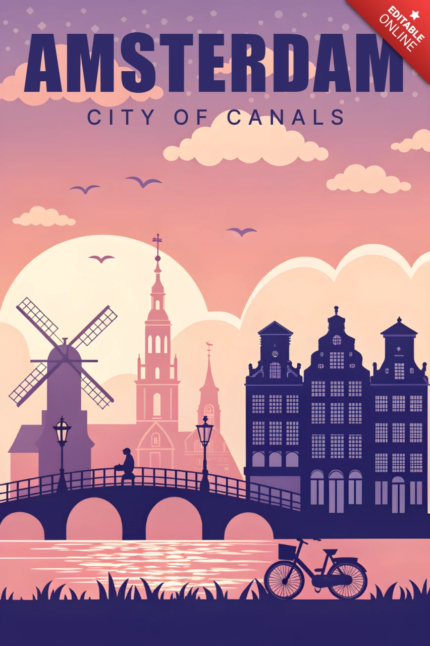 Ilustración de la ciudad de Ámsterdam con canales, plantilla de diseño para carteles.