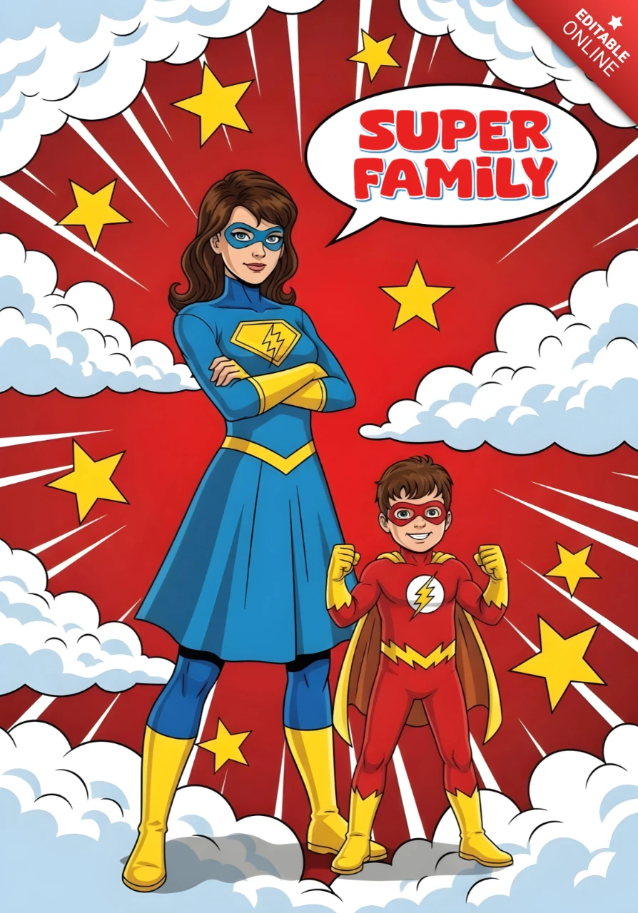 Comic-Held Eltern & Kind Superhelden Duo mit 'Superfamilie' Sprechblasen-Posterdesign-Vorlage