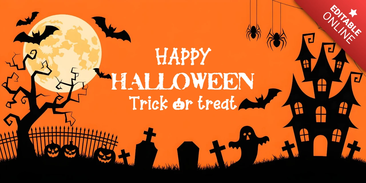 Plantilla de diseño de portada de youtube para una noche de Halloween espeluznante con ventanas brillantes, lápidas y compañeros espeluznantes.