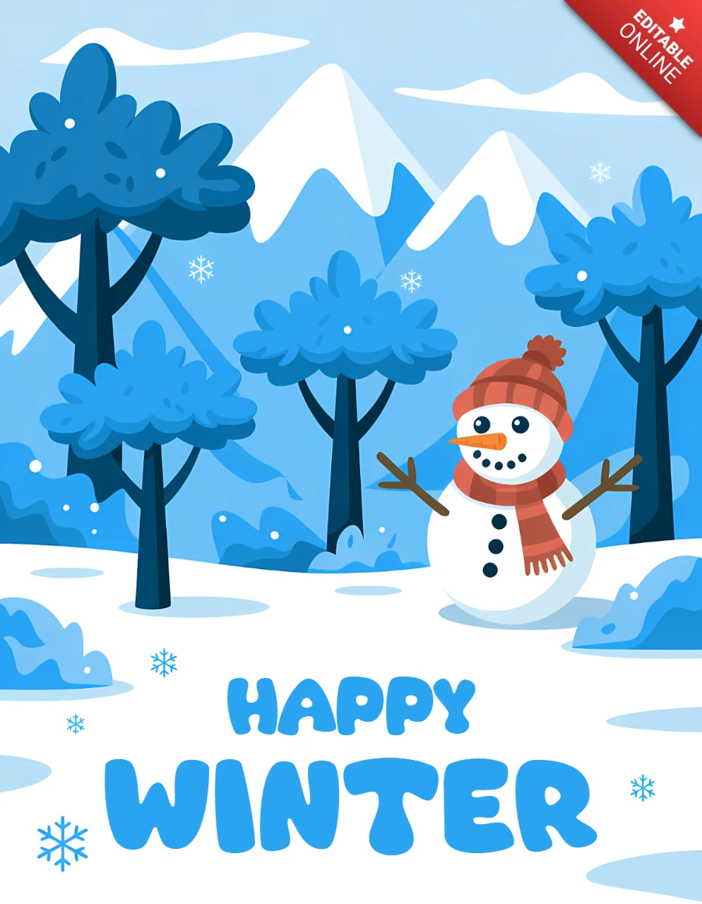 Winterwonderland ontwerpsjabloon met sneeuwman voor feestelijke wenskaarten