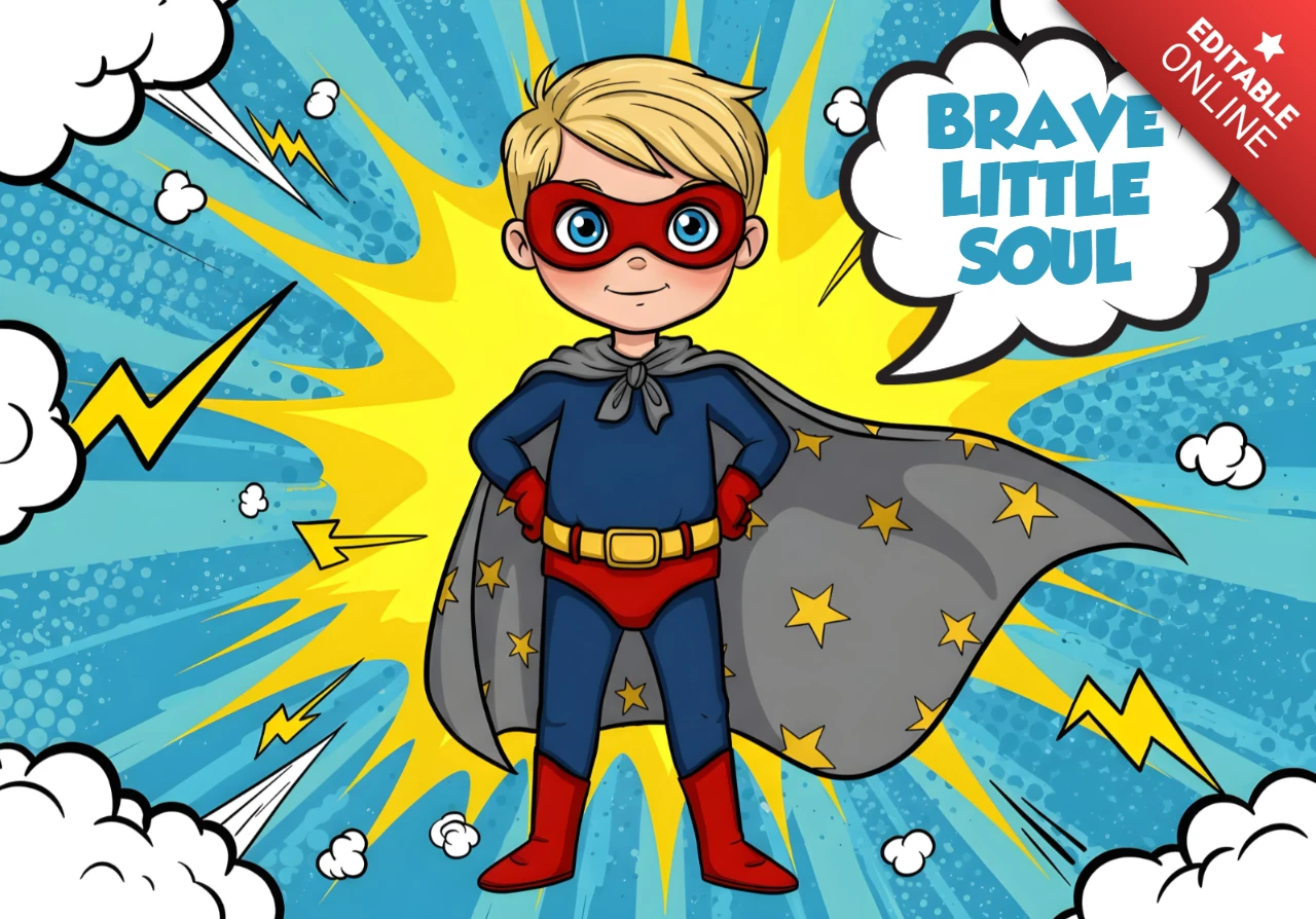 Brave Little Soul Cartoon Superhero with Star Cape & Comic Burst Poster Design Template