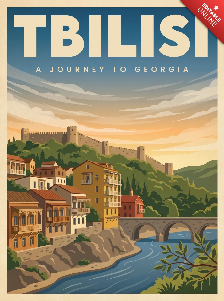 Tbilisi Retro Vintage Tourism Poster A Journey to Georgia Scenic Fortress Hilltop River Valley Sunset Adventure Artwork
