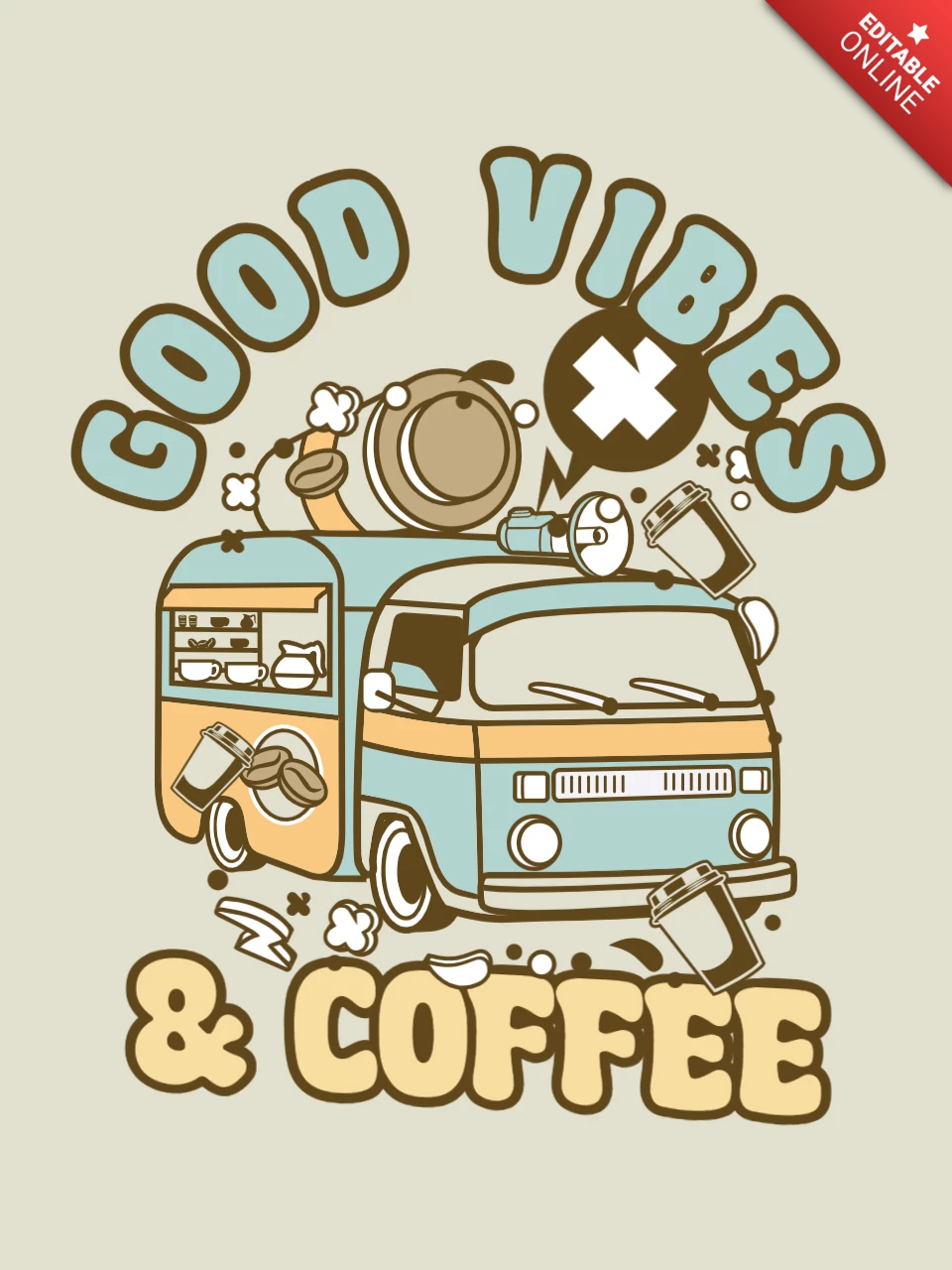Boas vibrações e modelo de design de camiseta para van de café